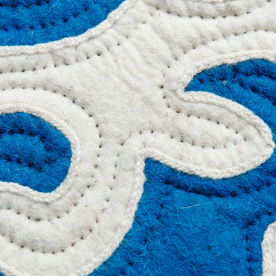 Alfombra de lana, (2,5x5) - Alfombra clásica de lana Shyrdak azul y blanca (2,5 x 5)