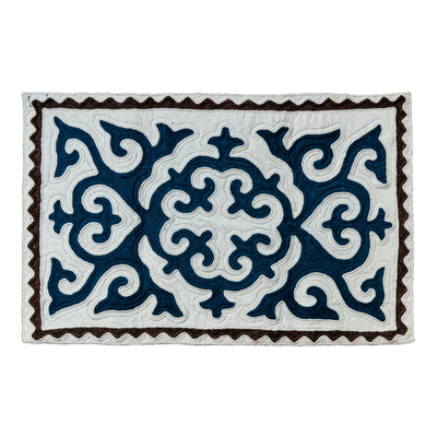 Wool area rug, 'Palatial Kyrgyzstan' (2.5x4) - Traditional Shyrdak Wool Area Rug in Teal and White (2.5x4)
