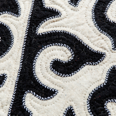Wool area rug, 'Midnight Manor' (2.5x5) - Classic Shyrdak Wool Area Rug in Dark Blue and White (2.5x5)