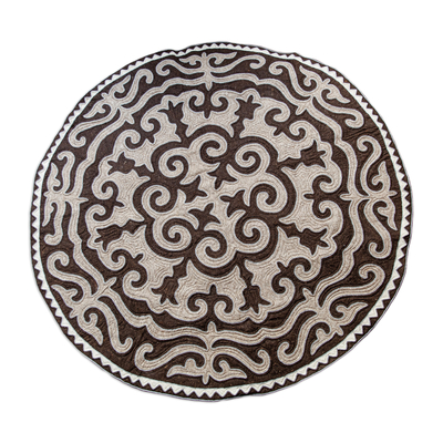 Wool rug, 'Empire Heart' (8 feet diameter) - Brown and Beige Round Shyrdak Wool Rug (8 Feet Diameter)