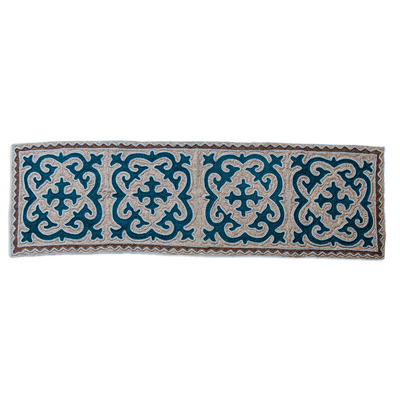 Wool rug, 'Palatial Mosaics' (2.5x8) - Classic Shyrdak Wool Runner Rug in Teal and Brown (2.5x8)