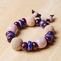 Ceramic beaded stretch bracelet, 'Purple Passion' - Purple and Burgundy Ceramic Beaded Stretch Bracelet
