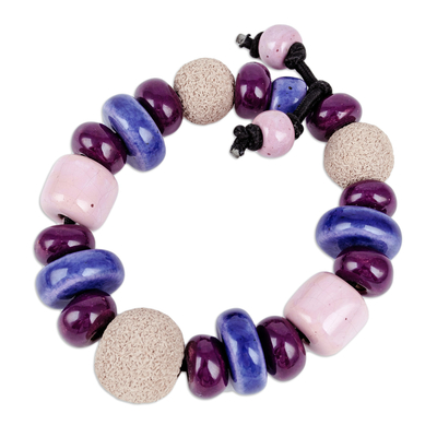Ceramic beaded stretch bracelet, 'Purple Moments' - Purple and Burgundy Ceramic Beaded Stretch Bracelet