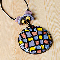 Ceramic pendant necklace, 'Sweet Rubik' - Painted Pink and Purple Checkered Choker Pendant Necklace