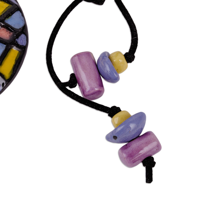 Ceramic pendant necklace, 'Kaleidoscope' - Painted Pink and Purple Checkered Choker Pendant Necklace