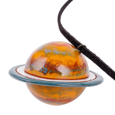 Ceramic pendant necklace, 'My Planet' - Handcrafted Painted Ceramic Saturn Pendant Necklace
