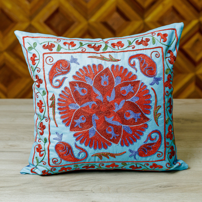 Embroidered cotton cushion cover, 'Palace Dance' - Blue and Red Floral Embroidered Cotton Cushion Cover