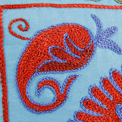 Embroidered cotton cushion cover, 'Palace Dance' - Blue and Red Floral Embroidered Cotton Cushion Cover