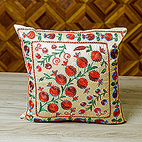 Embroidered silk cushion cover, 'Passion Portrait' - Ivory and Red Pomegranate Embroidered Silk Cushion Cover
