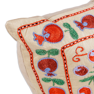 Embroidered silk cushion cover, 'Passion Portrait' - Ivory and Red Pomegranate Embroidered Silk Cushion Cover