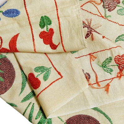 Embroidered cotton tablecloth, 'Suzani Passion' - Pomegranate-Themed Viscose Embroidered Cotton Tablecloth