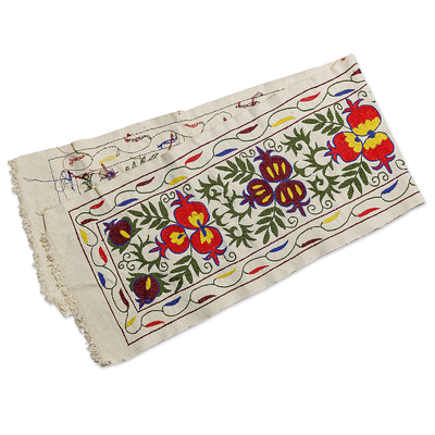 Embroidered cotton table runner, 'Purple Passions' - Pomegranate and Leaf-Themed Embroidered Cotton Table Runner