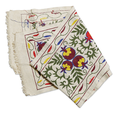 Camino de mesa de algodón bordado - Camino de mesa de algodón bordado con temática de granada y hojas