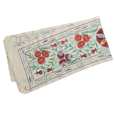 Camino de mesa de algodón bordado - Camino de mesa de algodón bordado en rojo granada y azul