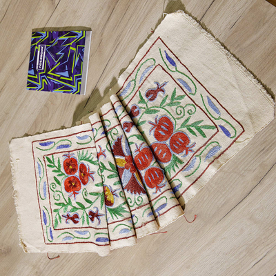 Embroidered cotton table runner, 'Passions & Traditions' - Pomegranate Red and Blue Embroidered Cotton Table Runner
