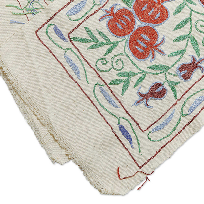 Embroidered cotton table runner, 'Passions & Traditions' - Pomegranate Red and Blue Embroidered Cotton Table Runner