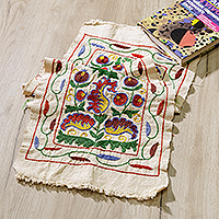 Embroidered cotton table runner, 'Flowers from the Palace' - Floral and Pomegranate Embroidered Cotton Table Runner