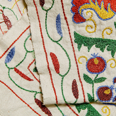 Embroidered cotton table runner, 'Flowers from the Palace' - Floral and Pomegranate Embroidered Cotton Table Runner