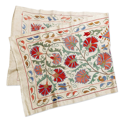 Camino de mesa de seda bordado - Camino de mesa clásico de seda bordado floral colorido