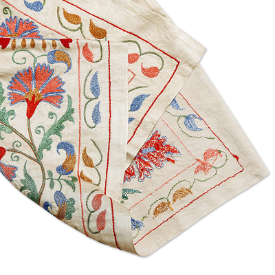 Embroidered silk table runner, 'Spring in Eden' - Classic Floral colourful Embroidered Silk Table Runner