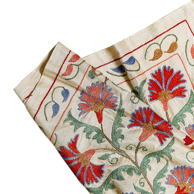 Embroidered silk table runner, 'Spring in Eden' - Classic Floral colourful Embroidered Silk Table Runner