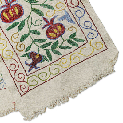 Embroidered cotton table runner, 'Nature's Passion' - Classic Pomegranate-Themed Embroidered Cotton Table Runner
