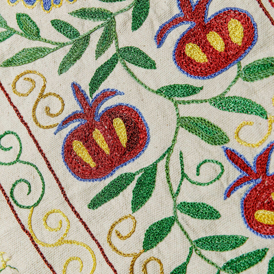 Embroidered cotton table runner, 'Nature's Passion' - Classic Pomegranate-Themed Embroidered Cotton Table Runner