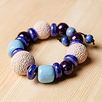 Ceramic beaded wristband bracelet, 'Blue Moments' - Ceramic Beaded Wristband Bracelet in Light Blue and Violet