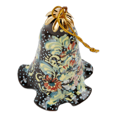 Ceramic bell ornament, 'Kingdom Melodies' - Hand-Painted Floral Brown Ceramic Bell Ornament