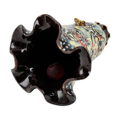 Ceramic bell ornament, 'Kingdom Melodies' - Hand-Painted Floral Brown Ceramic Bell Ornament