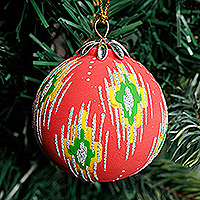 Ceramic ornament, 'Red Folktales' - Hand-Painted Traditional Round Red Ceramic Ornament