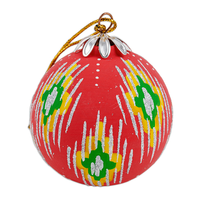 Ceramic ornament, 'Red Folktales' - Hand-Painted Traditional Round Red Ceramic Ornament