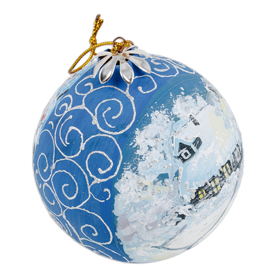 Hand-painted ceramic ornament, 'Winter in the Village' - Hand-Painted Winter-Themed Landscape Ceramic Ornament