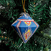 Ceramic ornament, 'Nation's Diamond' - Hand-Painted Traditional Geometric Blue Ceramic Ornament