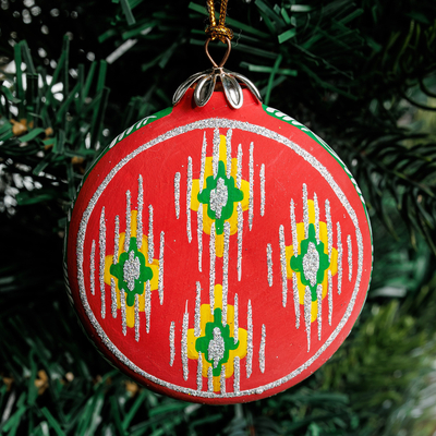 Hand-painted ceramic ornament, 'Red Folklife' - Handmade Hand-Painted Traditional Red Ceramic Ornament