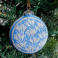 Hand-painted ceramic ornament, 'Winter Bouquet' - Hand-Painted Floral Blue and Silver Ceramic Ornament