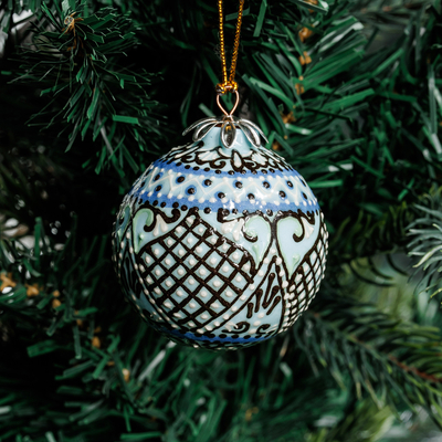 Ceramic ornament, 'Silk Road's Paradise' - Classic Painted Round Blue and Green Ceramic Ornament