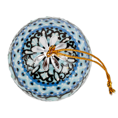 Ceramic ornament, 'Silk Road's Paradise' - Classic Painted Round Blue and Green Ceramic Ornament