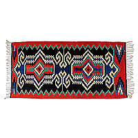 Alfombra de lana, 'Uzbekistan Glimpses' (3x6,5) - Alfombra tradicional de lana roja y negra tejida a mano (3x6,5)