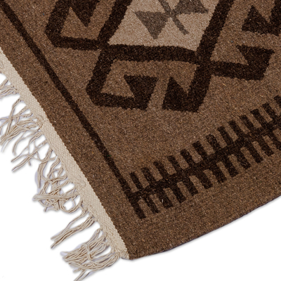 Wool area rug, 'Desert Eyes' (2.5x3) - Geometric Patterned Brown Wool Area Rug with Fringes (2.5x3)