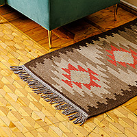Wool area rug, 'Oasis Energy' (2x4) - Geometric Brown and Red Fringed Wool Area Rug (2x4)