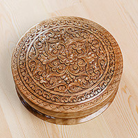 Wood jewelry box, 'Circle of Tradition' - Hand-Carved Traditional Floral Round Walnut Wood Jewelry Box