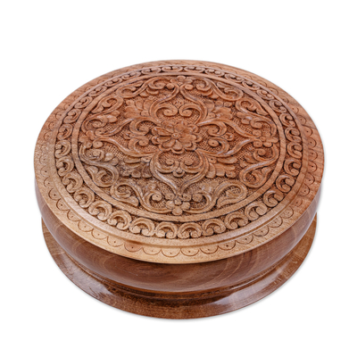Joyero de madera - Joyero de madera de nogal redondo floral tradicional tallado a mano