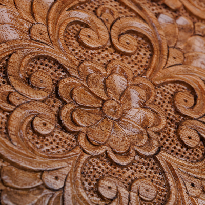 Joyero de madera - Joyero de madera de nogal redondo floral tradicional tallado a mano