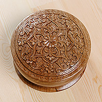 Wood jewelry box, 'Middle East Bloom' - Classic Floral Round Walnut Wood Jewelry Box from Uzbekistan