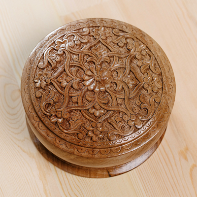 Wood jewellery box, 'Middle East Bloom' - Classic Floral Round Walnut Wood jewellery Box from Uzbekistan