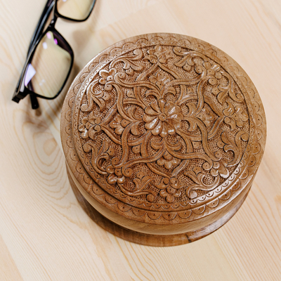 Wood jewellery box, 'Middle East Bloom' - Classic Floral Round Walnut Wood jewellery Box from Uzbekistan