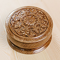 Wood jewellery box, 'Eden's Vision' - Handcrafted Round Walnut Wood jewellery Box with Floral Motifs