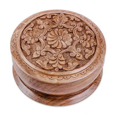 Schmuckschatulle aus Holz - Handgefertigte runde Schmuckschatulle aus Walnussholz mit Blumenmotiven