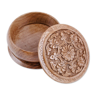 Wood jewelry box, 'Eden's Vision' - Handcrafted Round Walnut Wood Jewelry Box with Floral Motifs